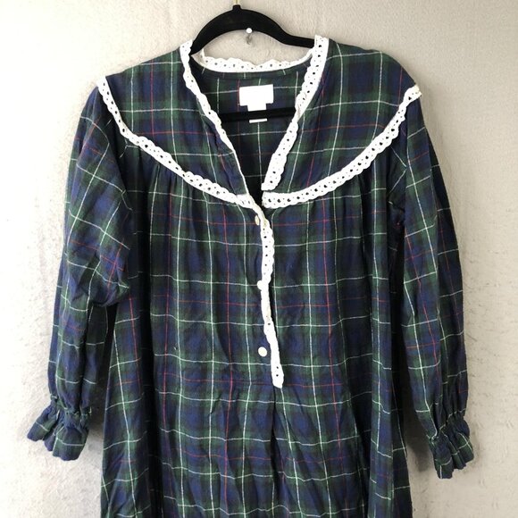 Vintage Geffy Nightgown Womens Small Plaid Flannel Lace Trim Dress 90s - Picture 11 of 16